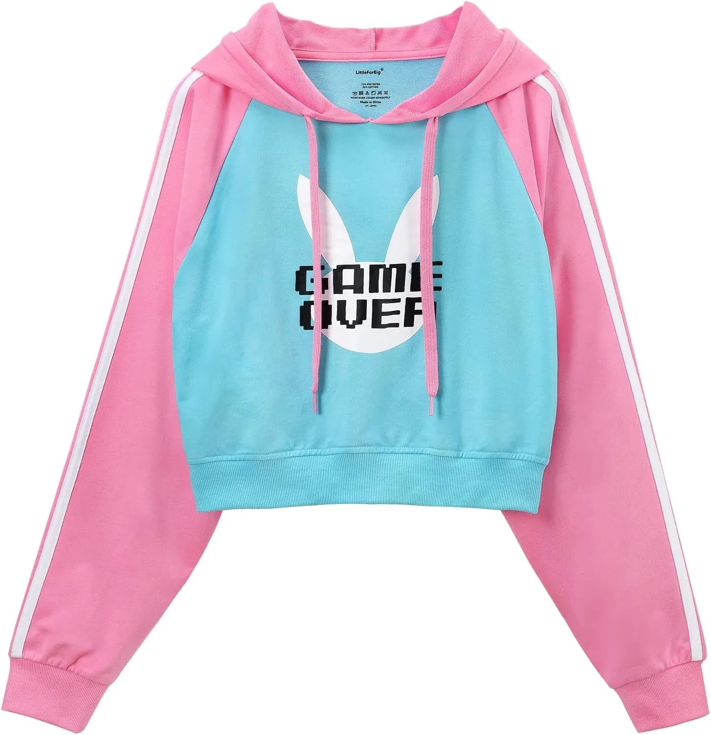 Littleforbig Women's Bunnywatch Cosplay Gaming Casual Regular Fit Long Sleeve Drawstring Cropped Hoodie Sweater Pink