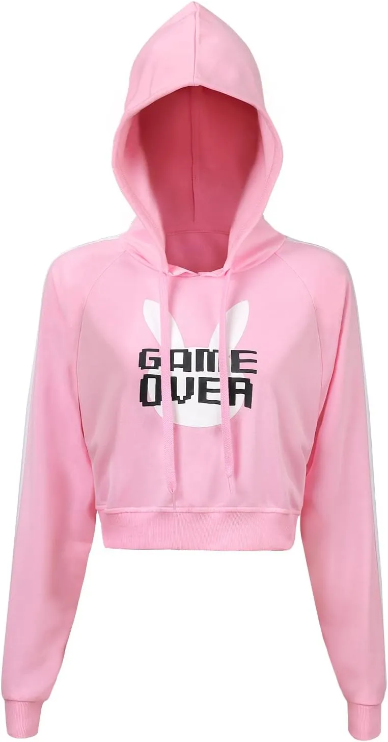 Littleforbig Women's Bunnywatch Cosplay Gaming Casual Regular Fit Long Sleeve Drawstring Cropped Hoodie Sweater Pink
