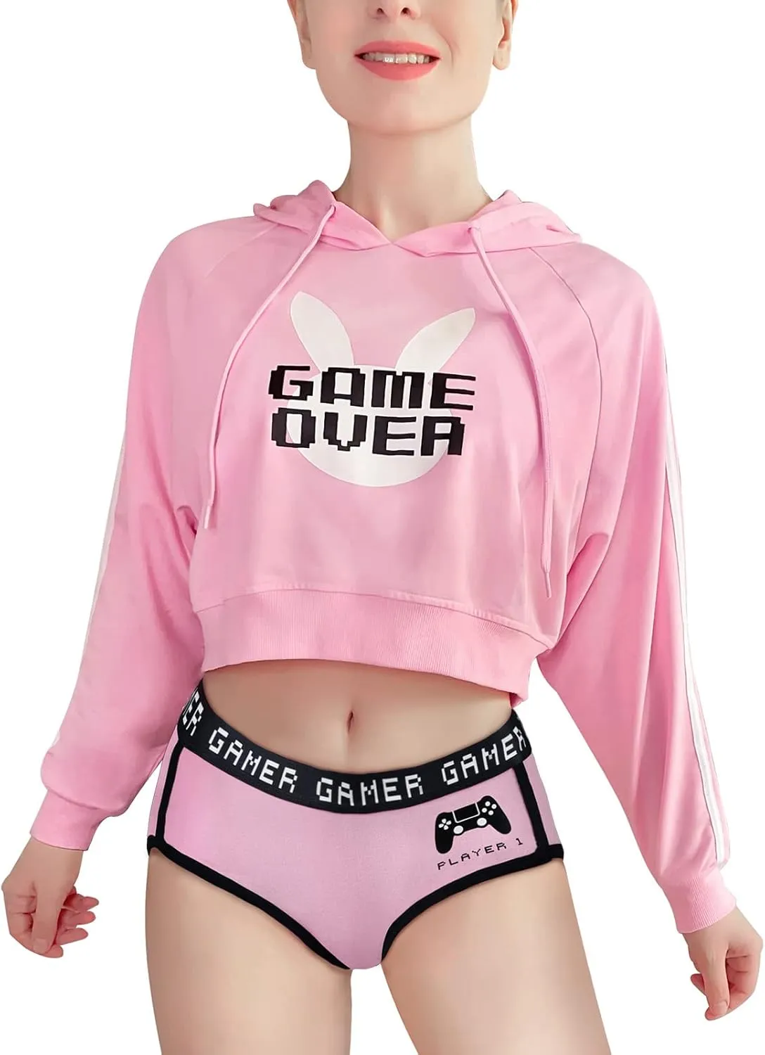 Littleforbig Women's Bunnywatch Cosplay Gaming Casual Regular Fit Long Sleeve Drawstring Cropped Hoodie Sweater Pink