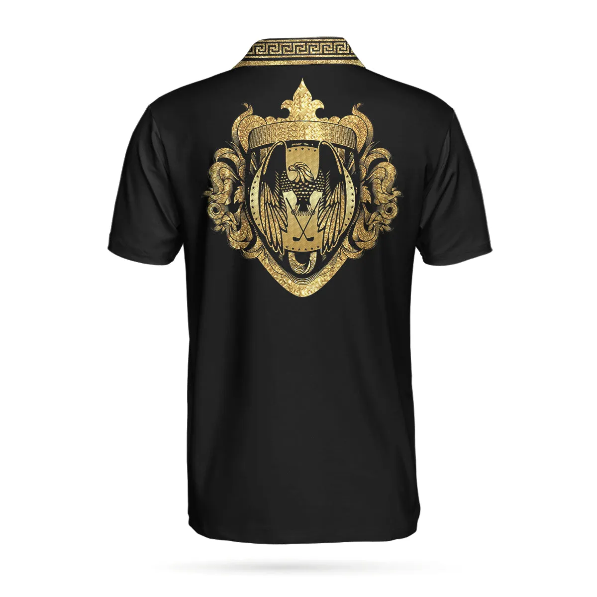 Luxury Baroque Pattern Eagle Badge Golf Polo Shirt, Golden Greek Key Pattern Polo Shirt, Best Golf Shirt For Men Coolspod