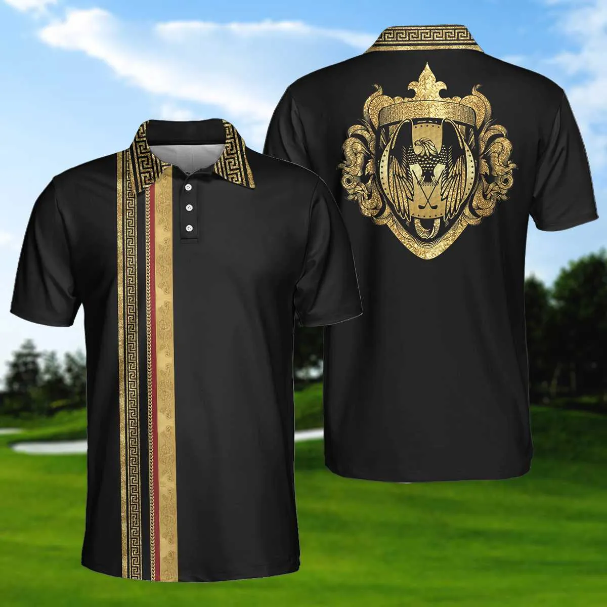 Luxury Baroque Pattern Eagle Badge Golf Polo Shirt, Golden Greek Key Pattern Polo Shirt, Best Golf Shirt For Men Coolspod