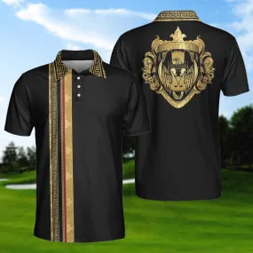 Luxury Baroque Pattern Eagle Badge Golf Polo Shirt, Golden Greek Key Pattern Polo Shirt, Best Golf Shirt For Men Coolspod