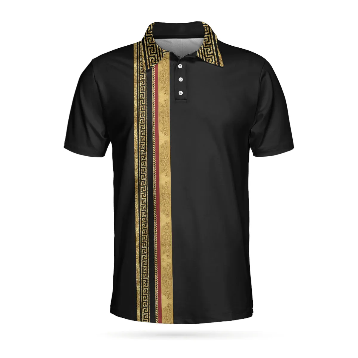 Luxury Baroque Pattern Eagle Badge Golf Polo Shirt, Golden Greek Key Pattern Polo Shirt, Best Golf Shirt For Men Coolspod