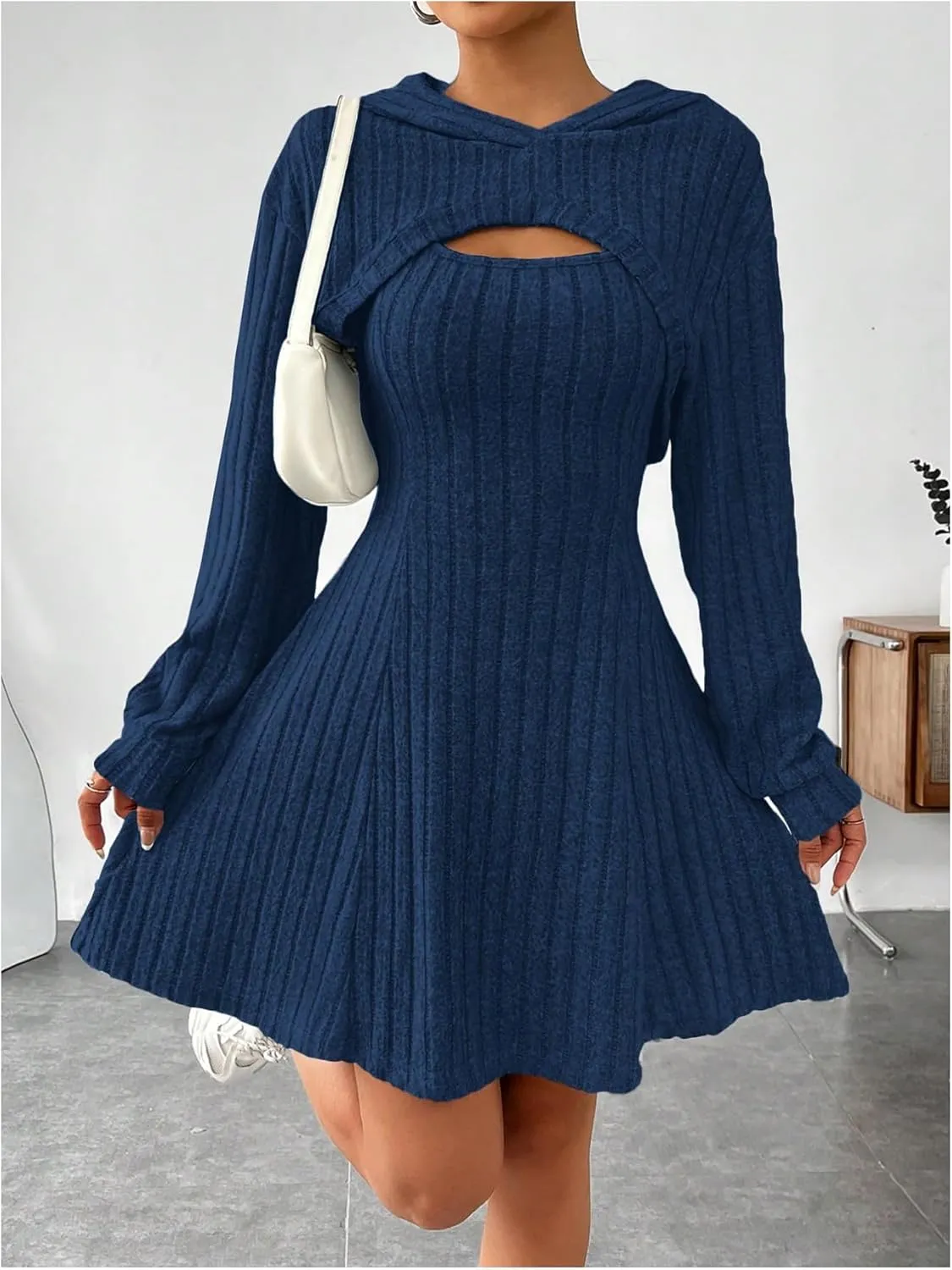 MakeMeChic Women's Two Piece Outfits Rib Knit Hooded Long Sleeve Crop Top and Flared Short Tank Dress Set