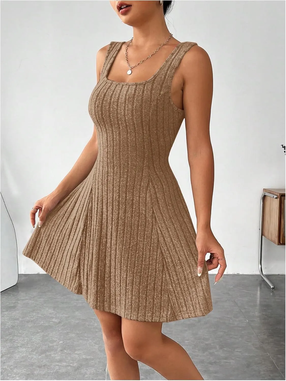 MakeMeChic Women's Two Piece Outfits Rib Knit Hooded Long Sleeve Crop Top and Flared Short Tank Dress Set