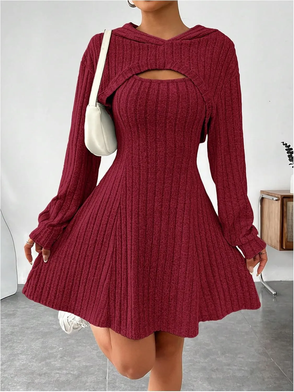MakeMeChic Women's Two Piece Outfits Rib Knit Hooded Long Sleeve Crop Top and Flared Short Tank Dress Set