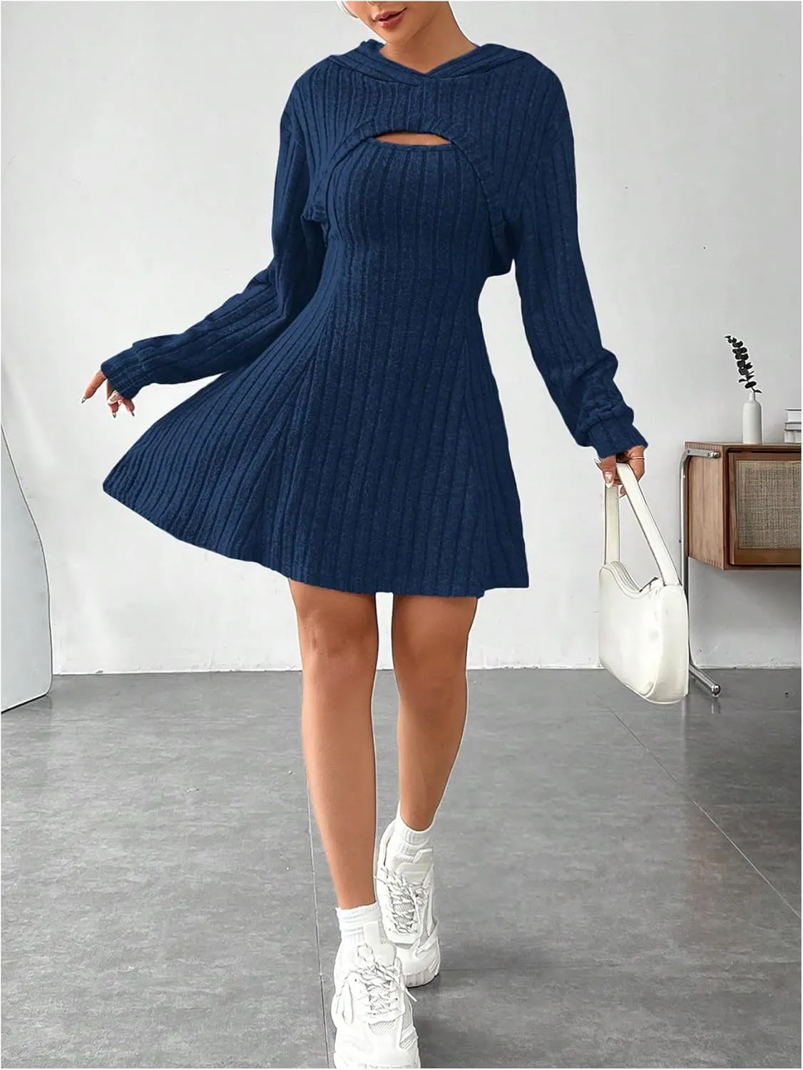 MakeMeChic Women's Two Piece Outfits Rib Knit Hooded Long Sleeve Crop Top and Flared Short Tank Dress Set