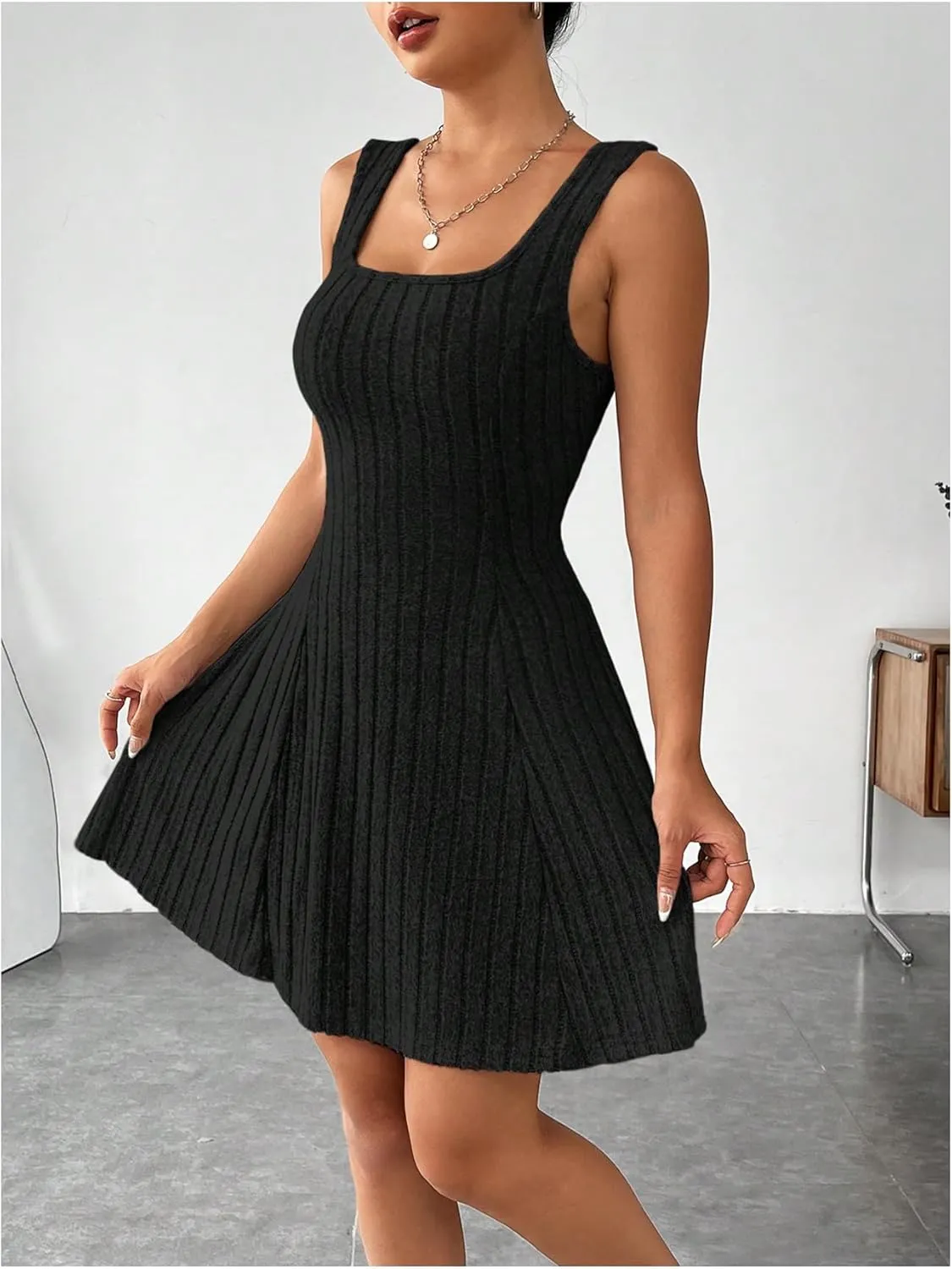 MakeMeChic Women's Two Piece Outfits Rib Knit Hooded Long Sleeve Crop Top and Flared Short Tank Dress Set