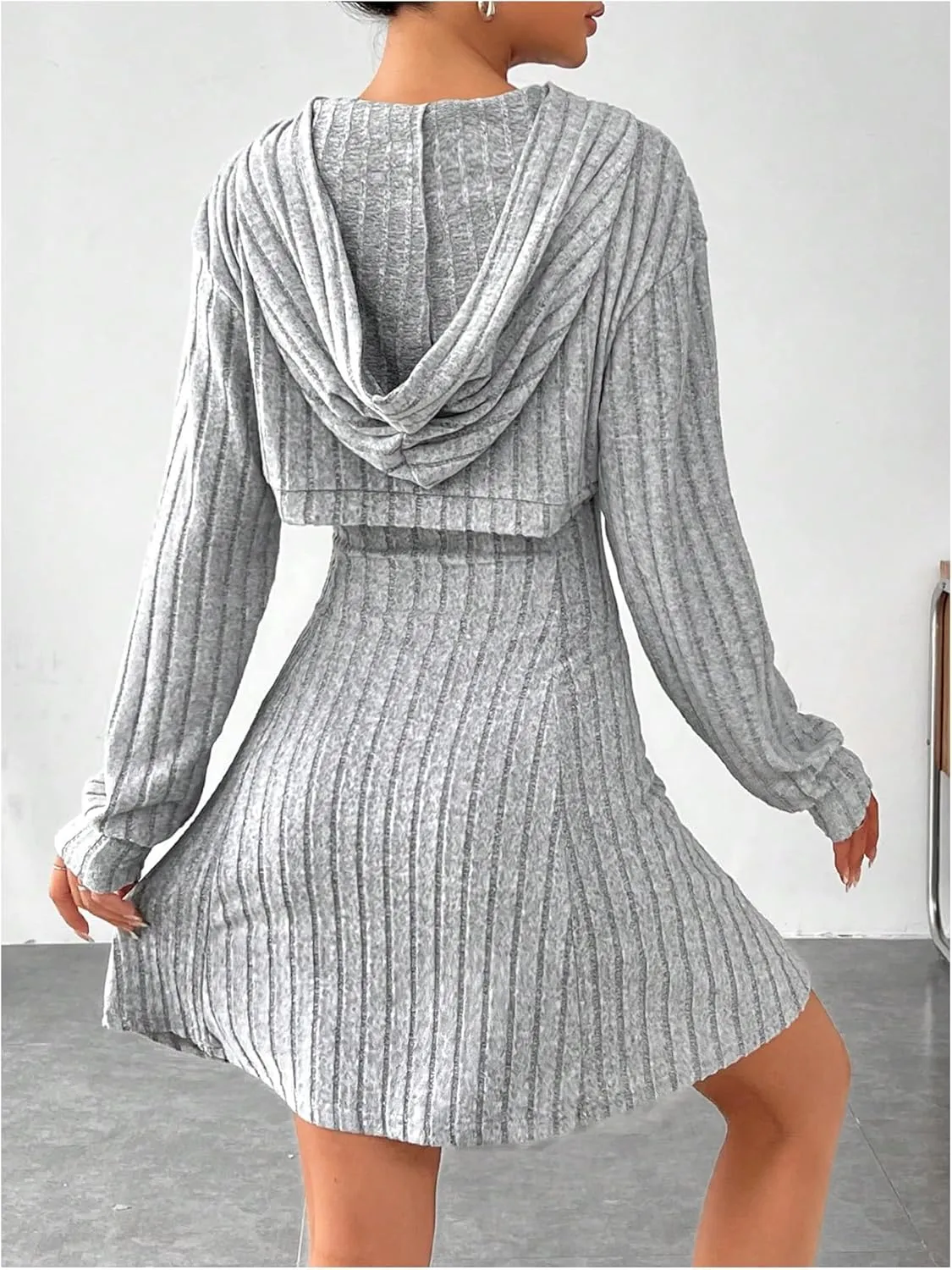 MakeMeChic Women's Two Piece Outfits Rib Knit Hooded Long Sleeve Crop Top and Flared Short Tank Dress Set