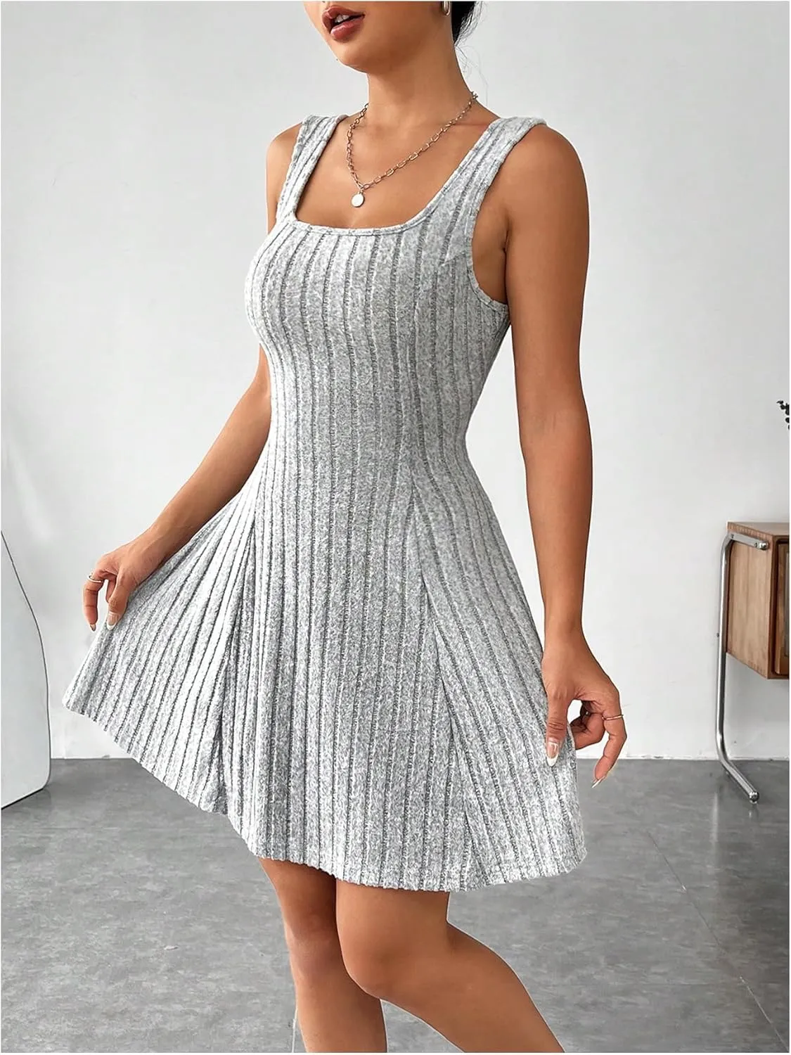 MakeMeChic Women's Two Piece Outfits Rib Knit Hooded Long Sleeve Crop Top and Flared Short Tank Dress Set