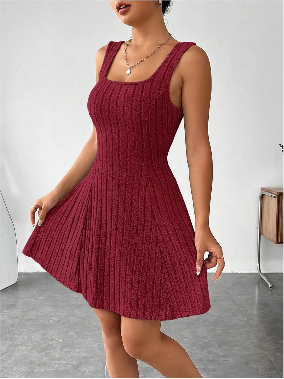 MakeMeChic Women's Two Piece Outfits Rib Knit Hooded Long Sleeve Crop Top and Flared Short Tank Dress Set