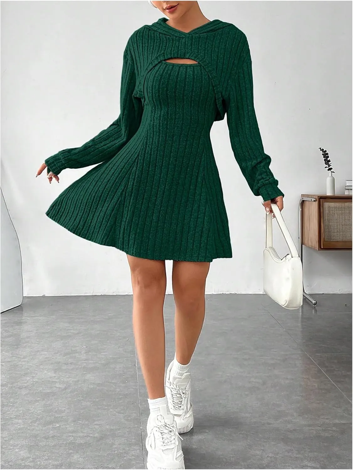 MakeMeChic Women's Two Piece Outfits Rib Knit Hooded Long Sleeve Crop Top and Flared Short Tank Dress Set