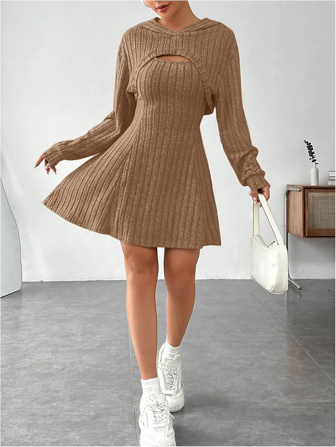 MakeMeChic Women's Two Piece Outfits Rib Knit Hooded Long Sleeve Crop Top and Flared Short Tank Dress Set