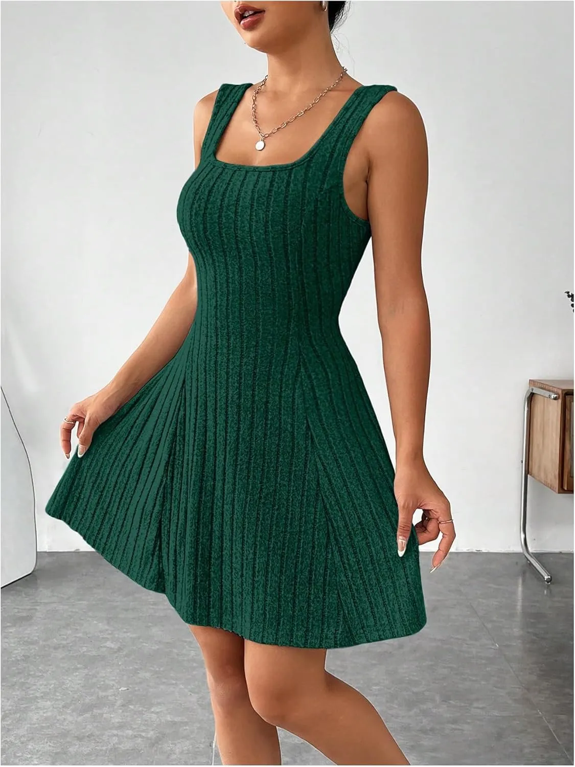 MakeMeChic Women's Two Piece Outfits Rib Knit Hooded Long Sleeve Crop Top and Flared Short Tank Dress Set