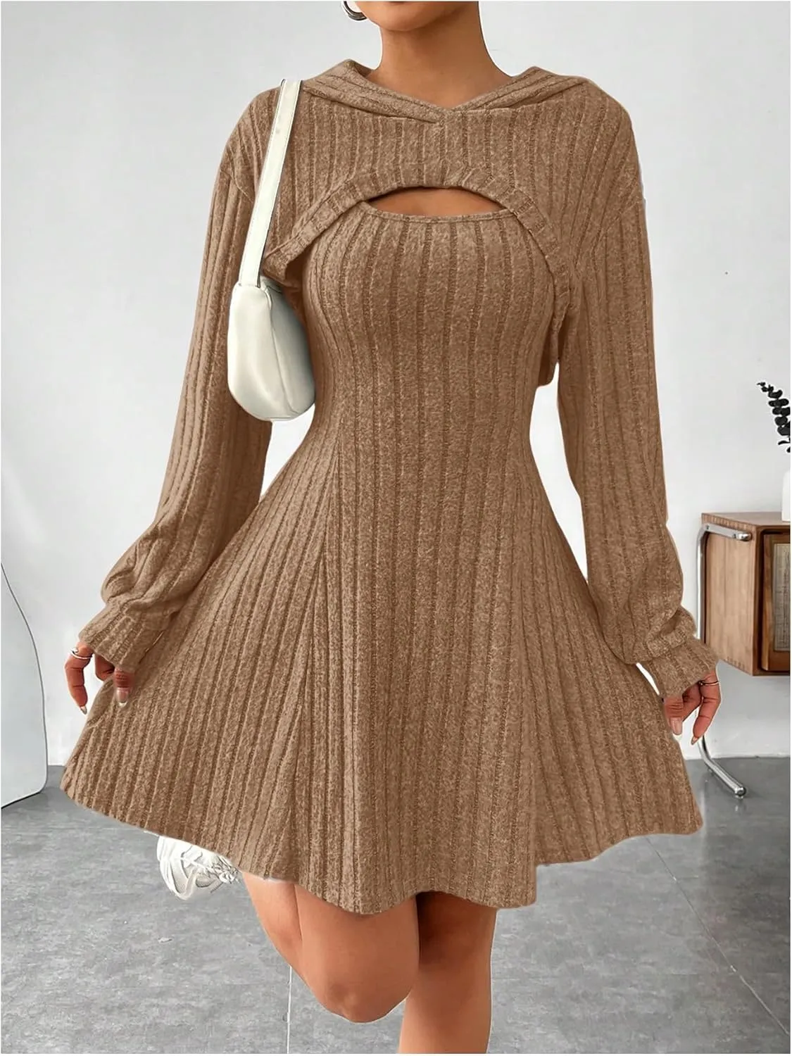 MakeMeChic Women's Two Piece Outfits Rib Knit Hooded Long Sleeve Crop Top and Flared Short Tank Dress Set