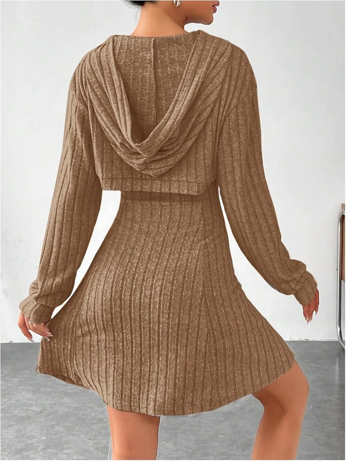 MakeMeChic Women's Two Piece Outfits Rib Knit Hooded Long Sleeve Crop Top and Flared Short Tank Dress Set
