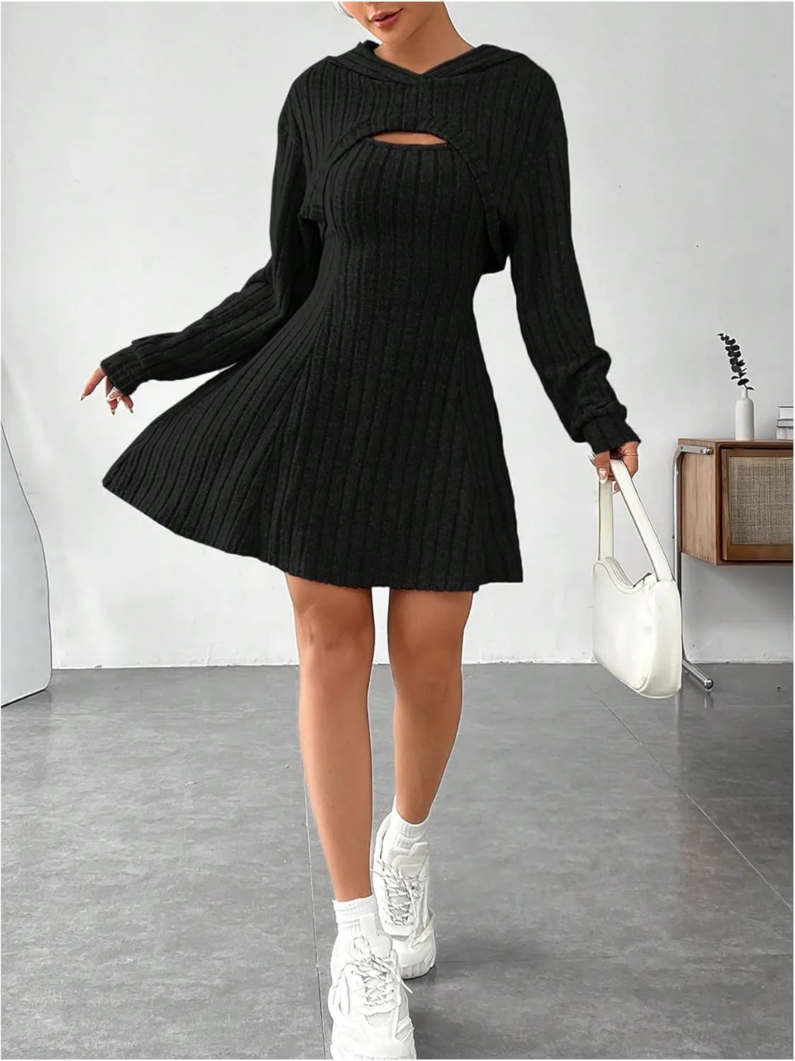 MakeMeChic Women's Two Piece Outfits Rib Knit Hooded Long Sleeve Crop Top and Flared Short Tank Dress Set