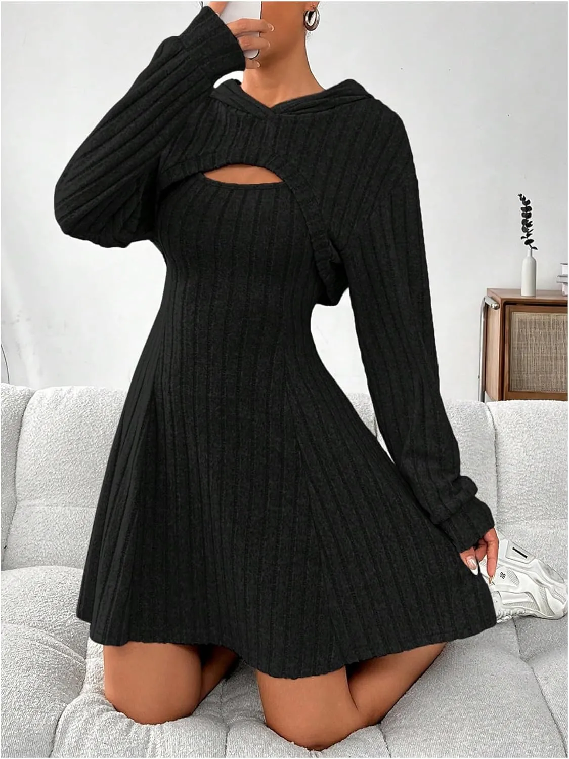 MakeMeChic Women's Two Piece Outfits Rib Knit Hooded Long Sleeve Crop Top and Flared Short Tank Dress Set