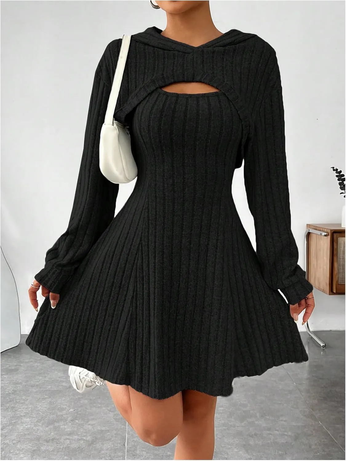 MakeMeChic Women's Two Piece Outfits Rib Knit Hooded Long Sleeve Crop Top and Flared Short Tank Dress Set