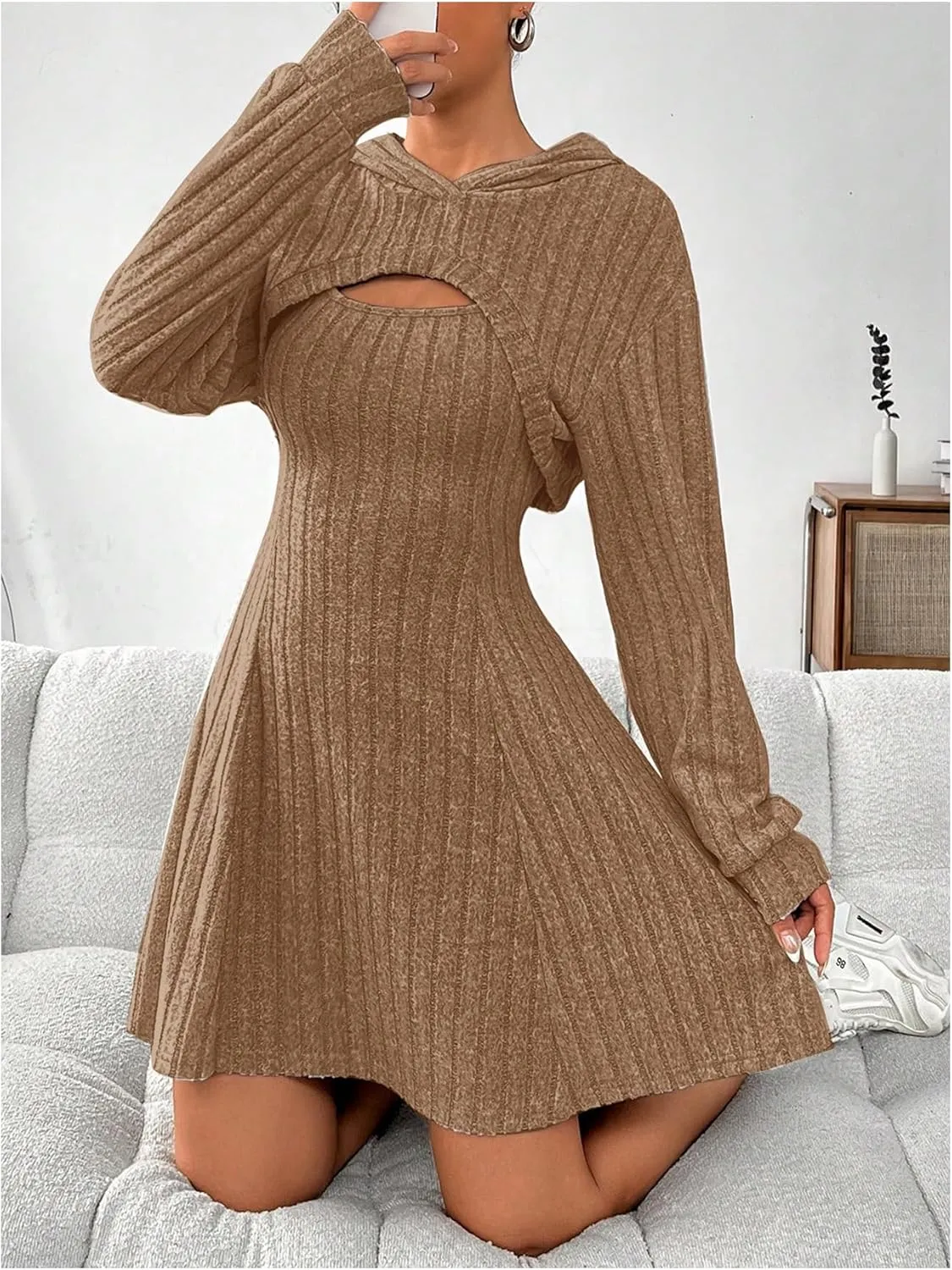 MakeMeChic Women's Two Piece Outfits Rib Knit Hooded Long Sleeve Crop Top and Flared Short Tank Dress Set
