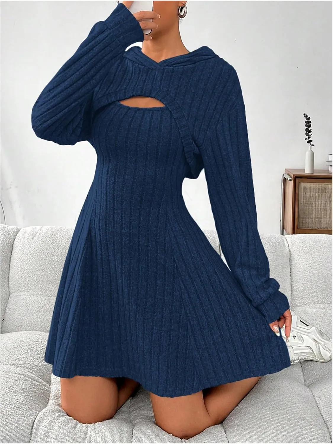 MakeMeChic Women's Two Piece Outfits Rib Knit Hooded Long Sleeve Crop Top and Flared Short Tank Dress Set