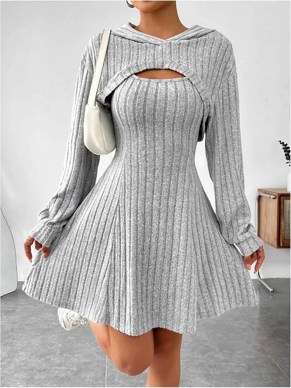 MakeMeChic Women's Two Piece Outfits Rib Knit Hooded Long Sleeve Crop Top and Flared Short Tank Dress Set
