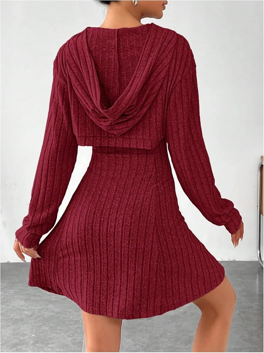 MakeMeChic Women's Two Piece Outfits Rib Knit Hooded Long Sleeve Crop Top and Flared Short Tank Dress Set