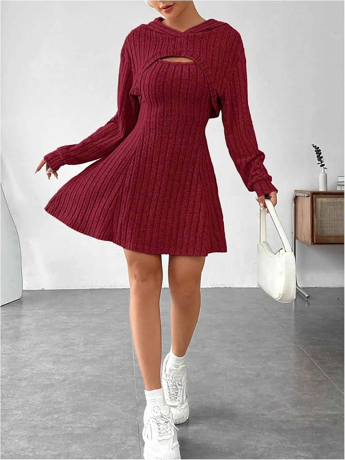 MakeMeChic Women's Two Piece Outfits Rib Knit Hooded Long Sleeve Crop Top and Flared Short Tank Dress Set