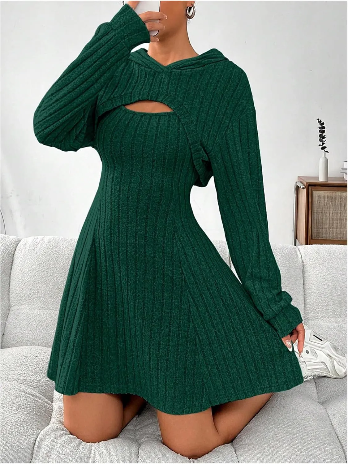 MakeMeChic Women's Two Piece Outfits Rib Knit Hooded Long Sleeve Crop Top and Flared Short Tank Dress Set