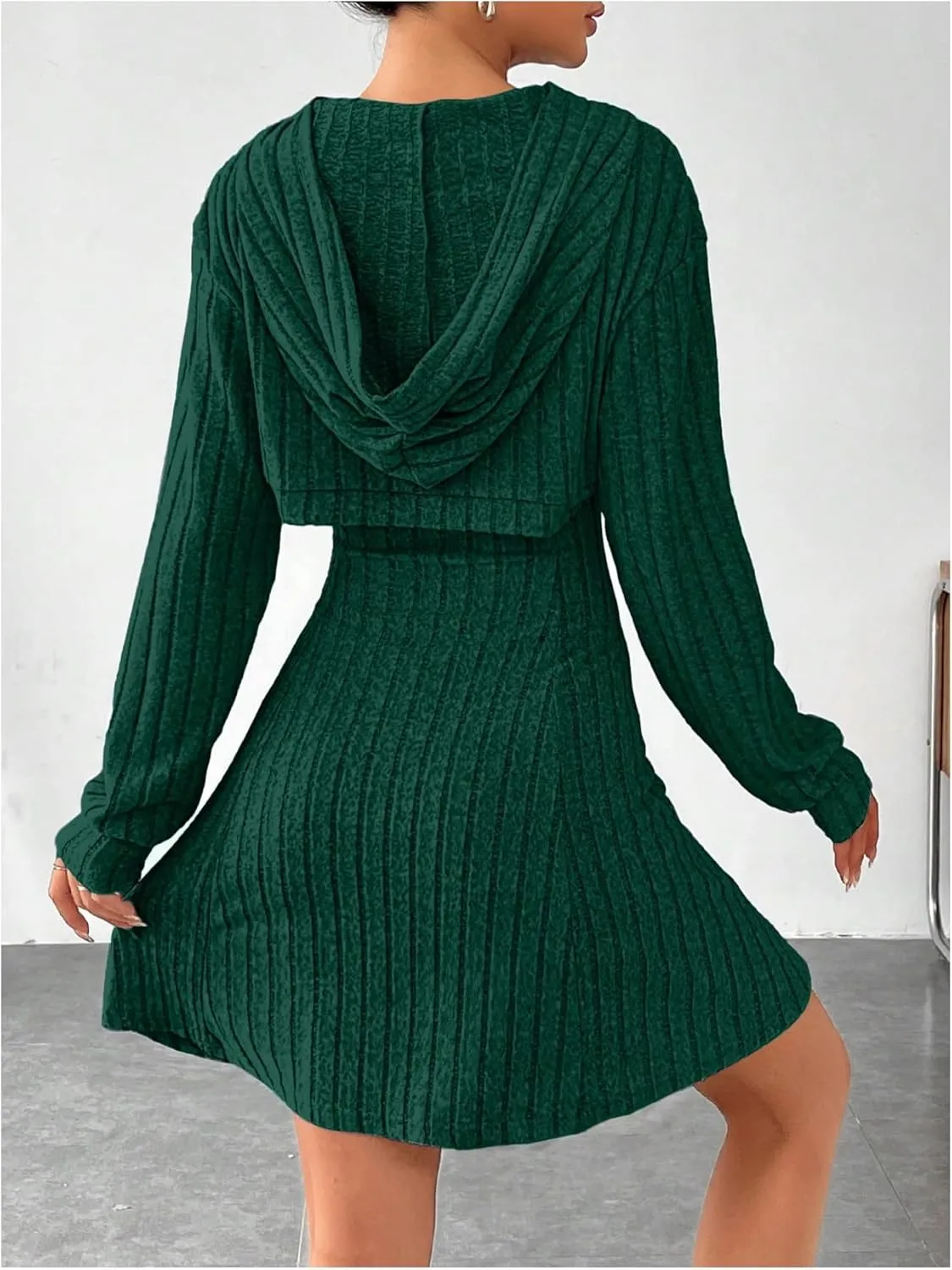 MakeMeChic Women's Two Piece Outfits Rib Knit Hooded Long Sleeve Crop Top and Flared Short Tank Dress Set