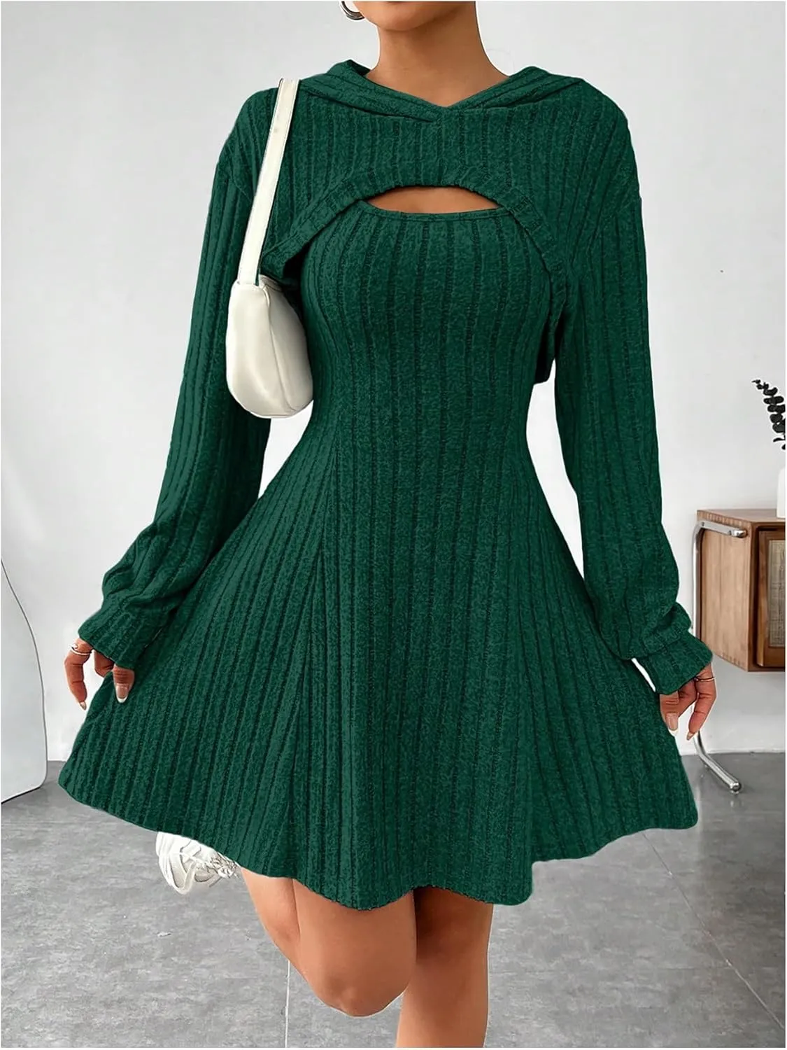 MakeMeChic Women's Two Piece Outfits Rib Knit Hooded Long Sleeve Crop Top and Flared Short Tank Dress Set