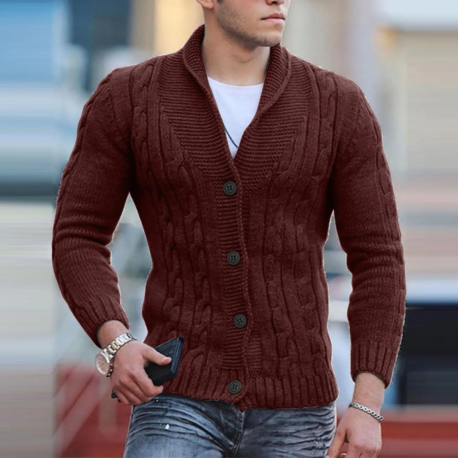 Men Cable Knit Cardigan Sweater Plus Size Chunky Thermal Shawl Collar Button Up Jacket Long Sleeve Casual Knitwear