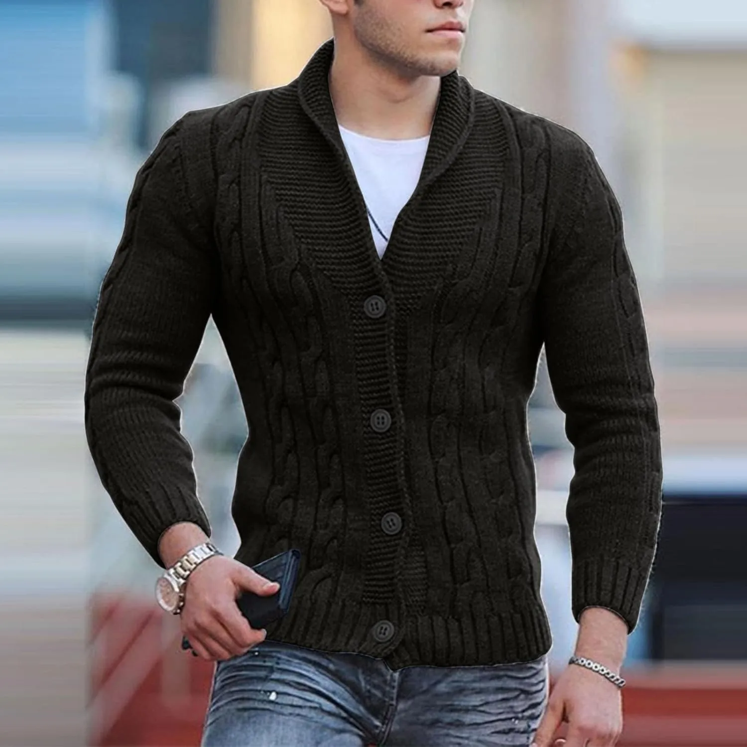 Men Cable Knit Cardigan Sweater Plus Size Chunky Thermal Shawl Collar Button Up Jacket Long Sleeve Casual Knitwear