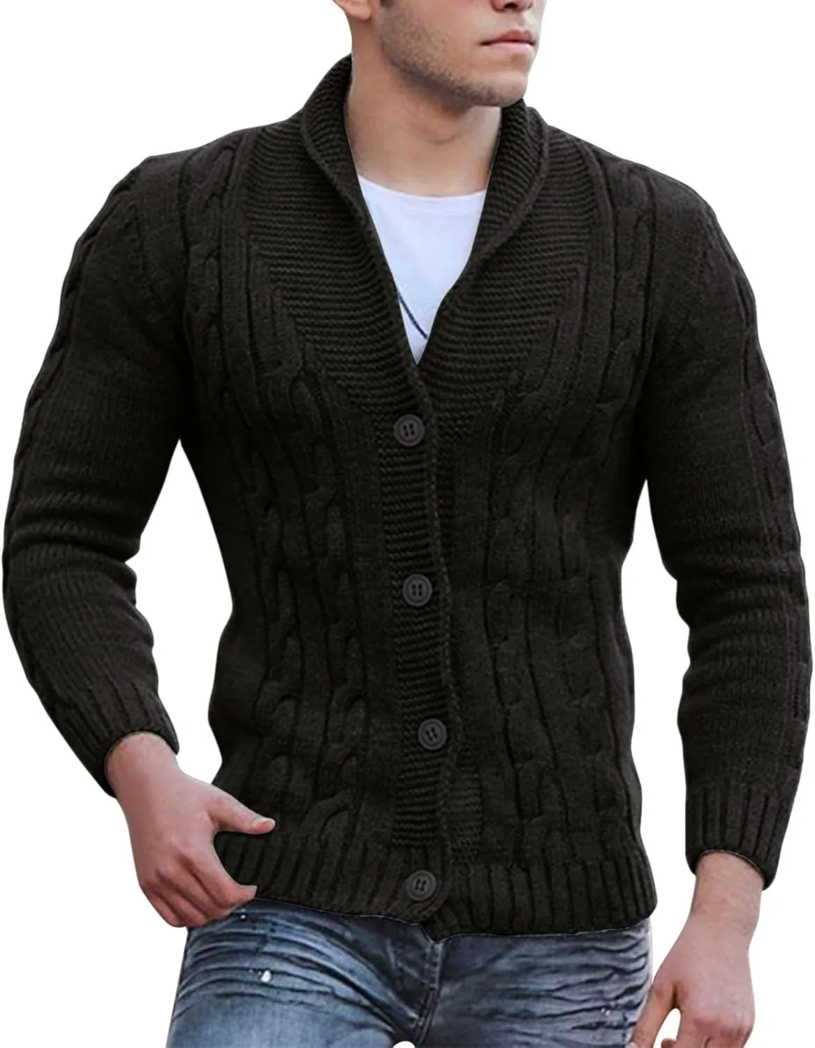 Men Cable Knit Cardigan Sweater Plus Size Chunky Thermal Shawl Collar Button Up Jacket Long Sleeve Casual Knitwear