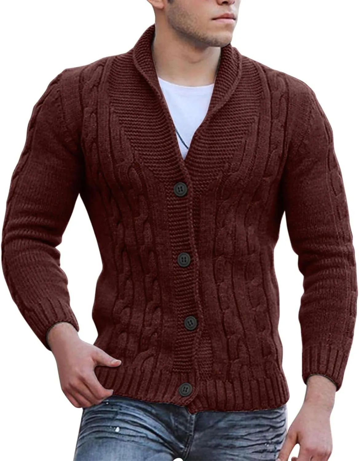 Men Cable Knit Cardigan Sweater Plus Size Chunky Thermal Shawl Collar Button Up Jacket Long Sleeve Casual Knitwear