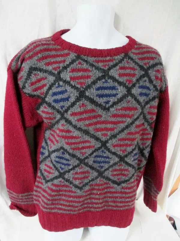 Mens HENRY GRETHEL Winter Knit Ski SHETLAND Sweater S Wool GRAY RED Christmas