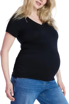 Motherhood Maternity Women's Short Sleeve Side Ruched V-Neck Pregnancy T-Shirt