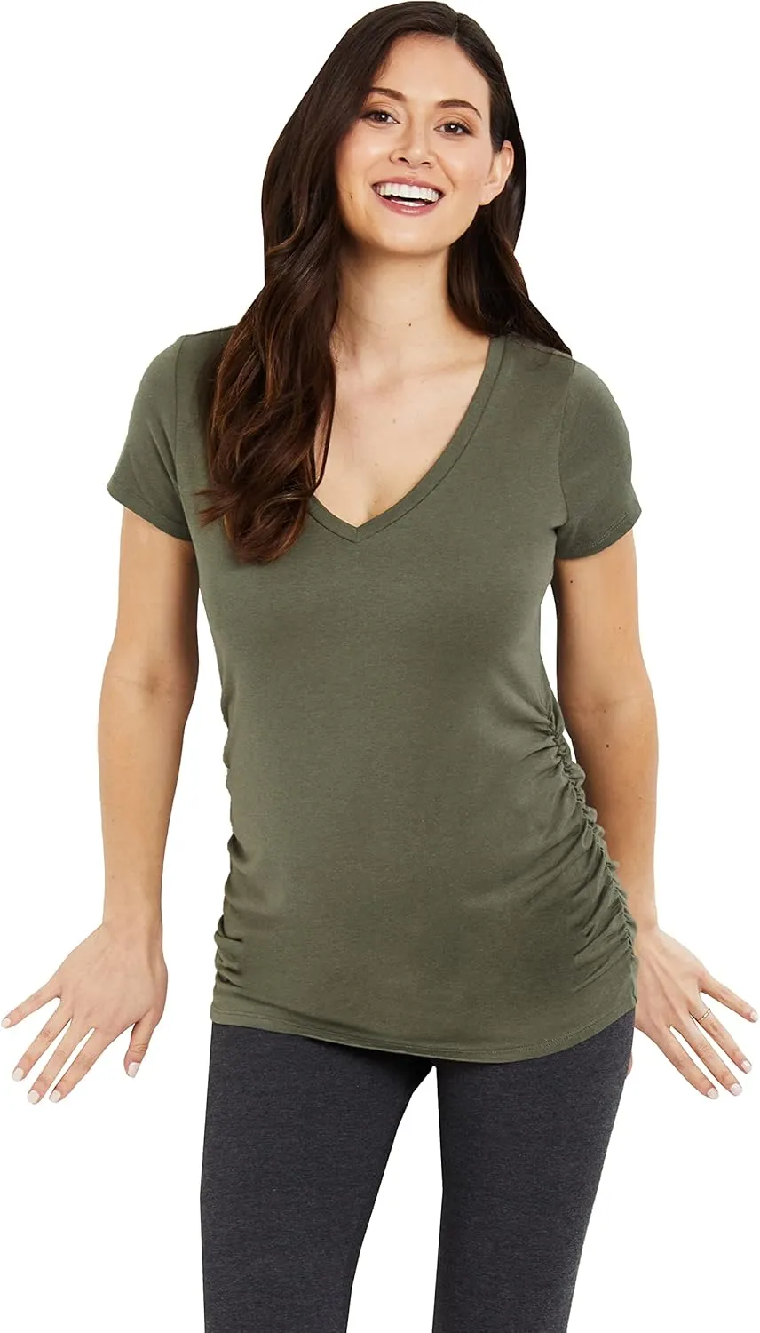 Motherhood Maternity Women's Short Sleeve Side Ruched V-Neck Pregnancy T-Shirt