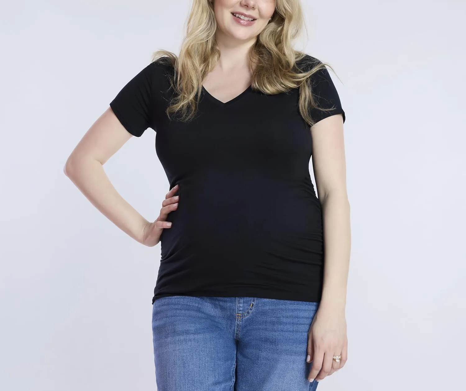 Motherhood Maternity Women's Short Sleeve Side Ruched V-Neck Pregnancy T-Shirt