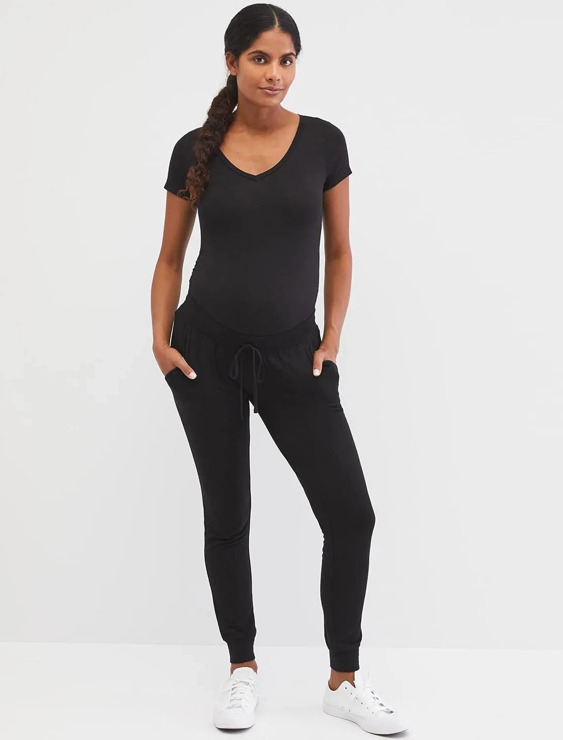 Motherhood Maternity Women's Short Sleeve Side Ruched V-Neck Pregnancy T-Shirt