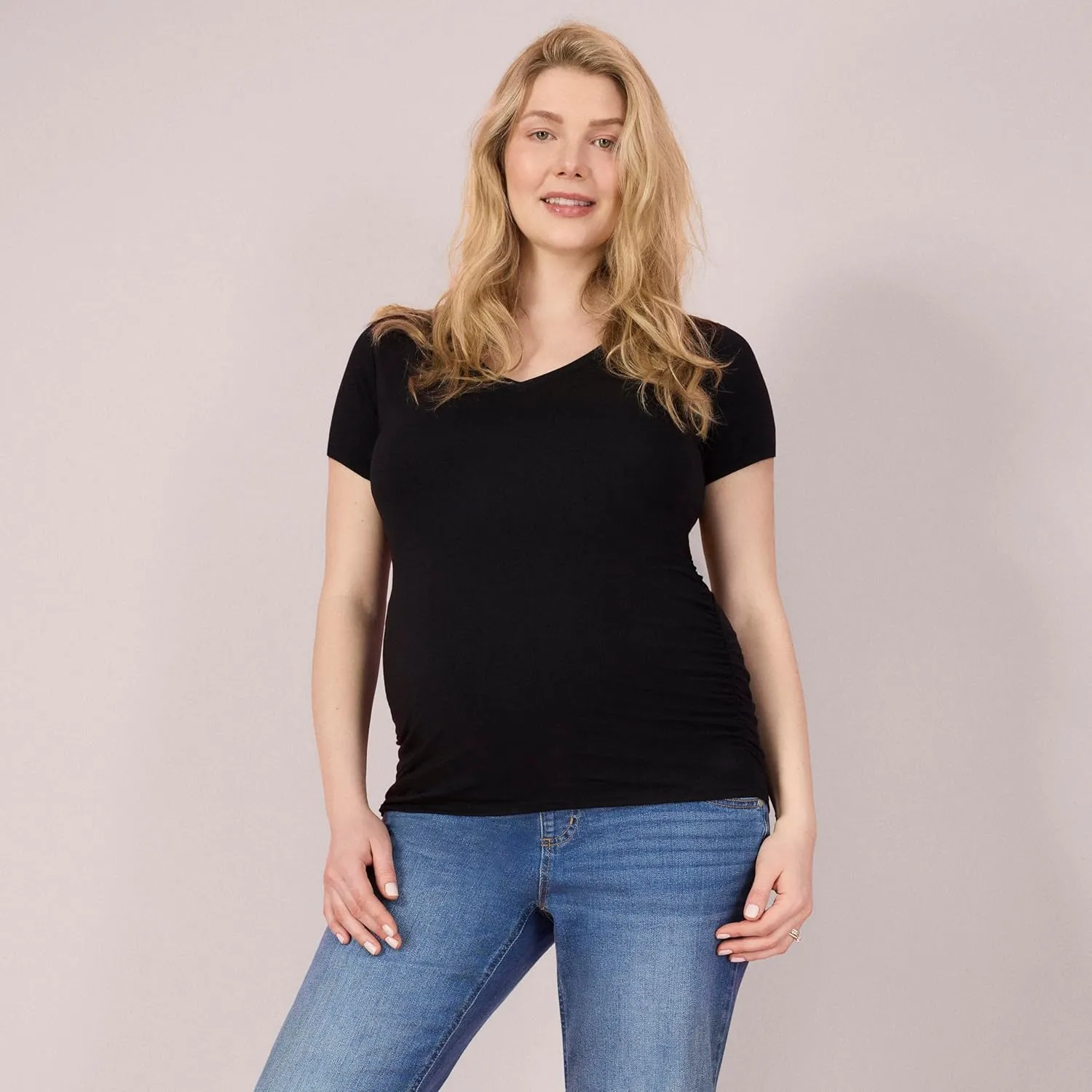 Motherhood Maternity Women's Short Sleeve Side Ruched V-Neck Pregnancy T-Shirt