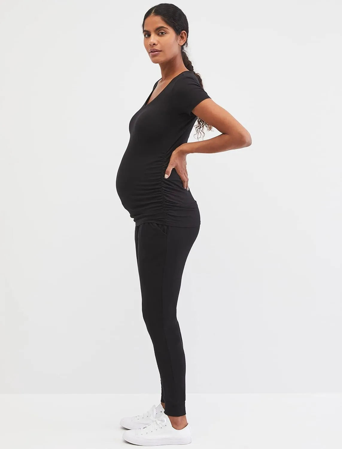 Motherhood Maternity Women's Short Sleeve Side Ruched V-Neck Pregnancy T-Shirt