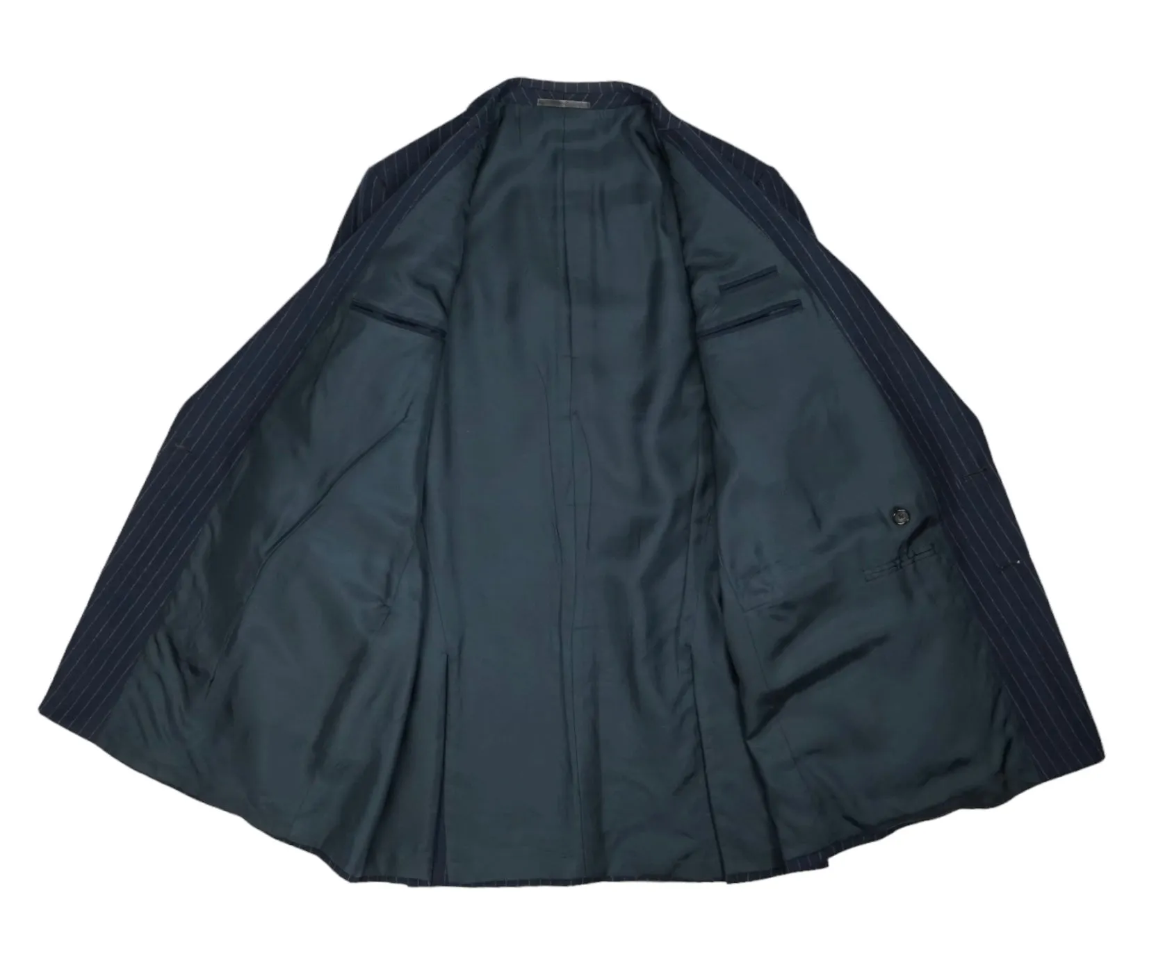 Navy Pinstripe DB. Wool Suit 58 Long