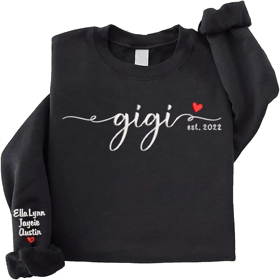 NAZENTI Custom Embroidered Grandma Sweatshirt with Kids Name on Sleeve, Mother's Day Shirt Gifts, Embroidered Mama Sweatshirt