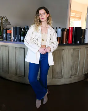 Oversized Cotton Blazer with Embroidered Floral and Leaf Motif