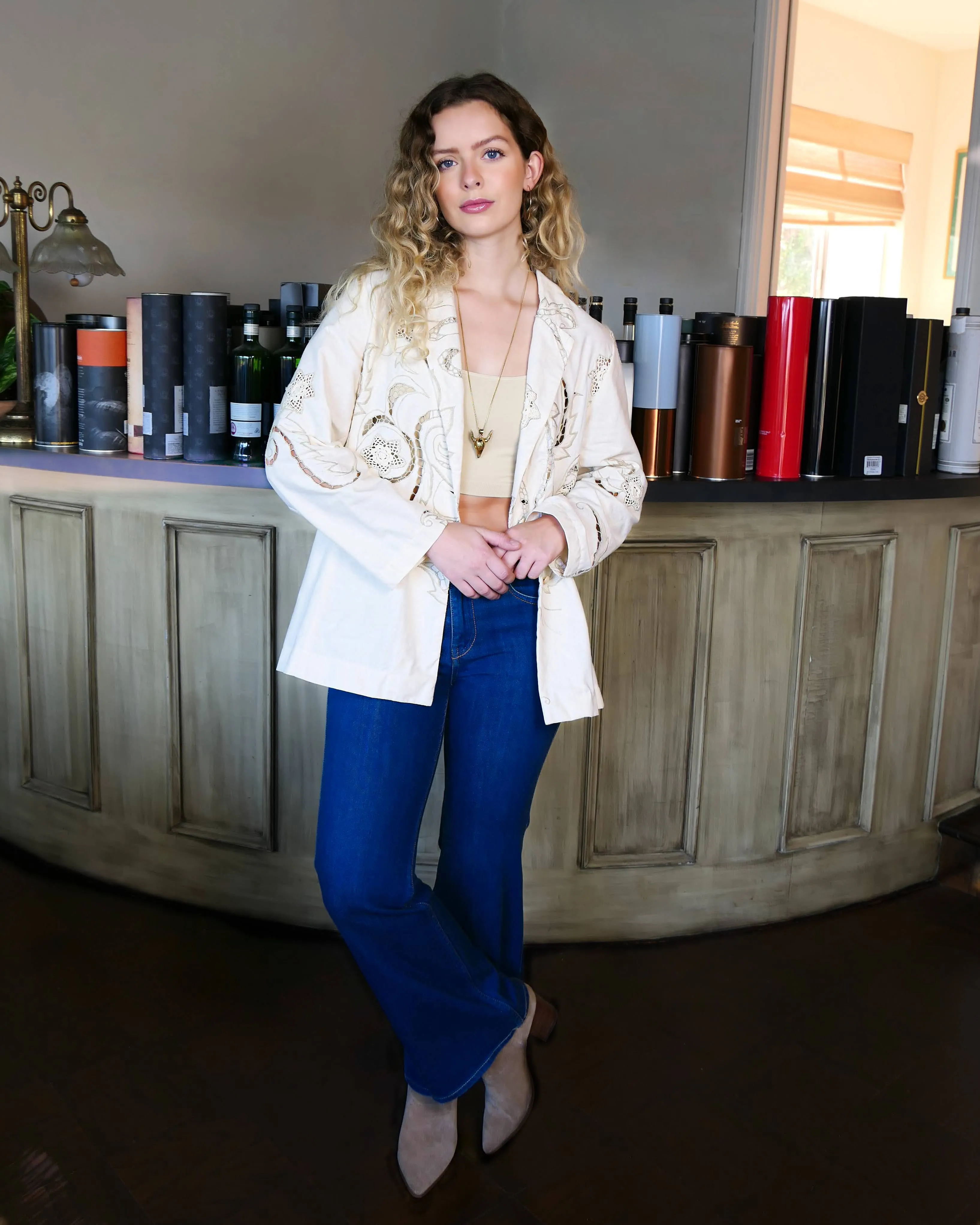Oversized Cotton Blazer with Embroidered Floral and Leaf Motif