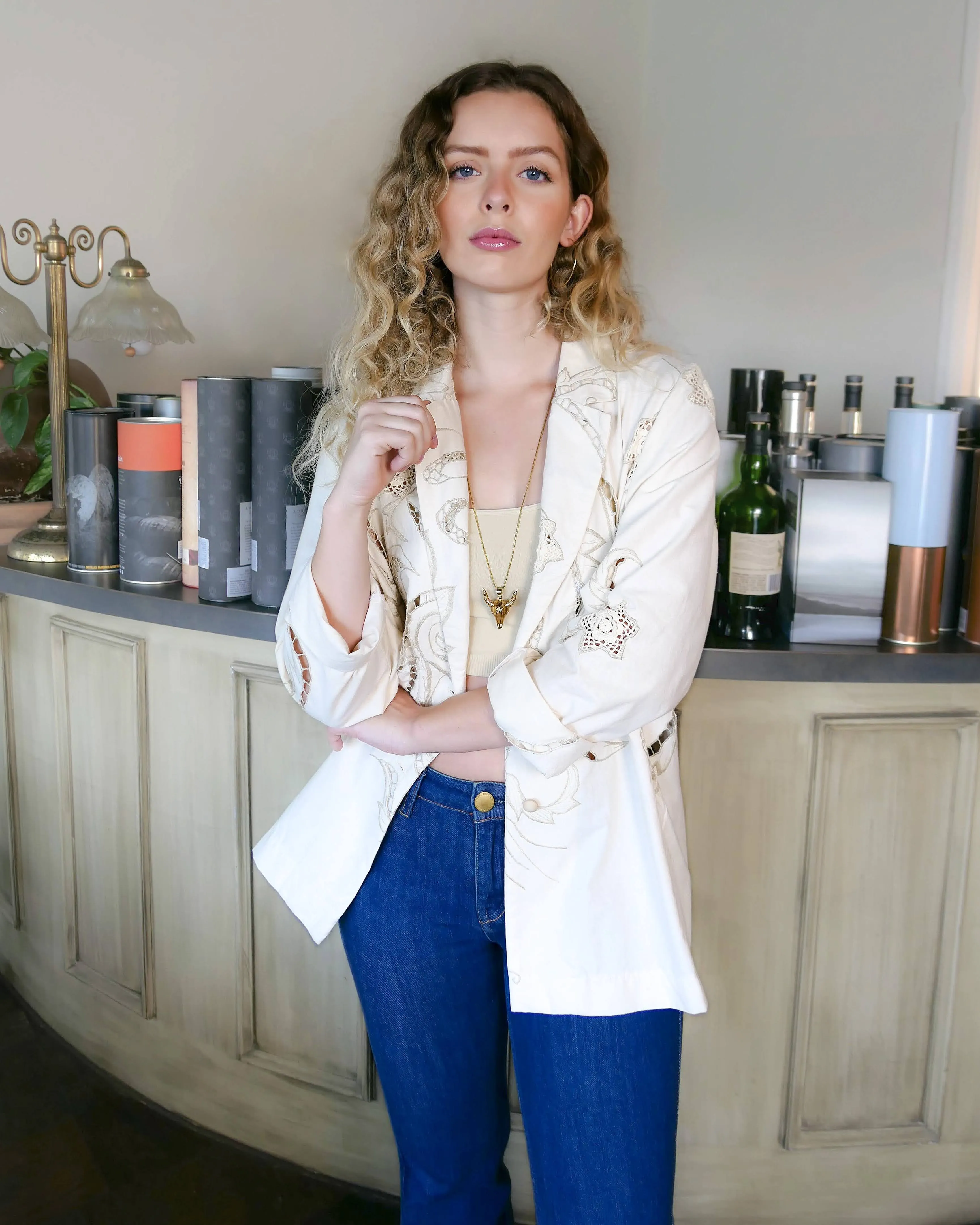 Oversized Cotton Blazer with Embroidered Floral and Leaf Motif