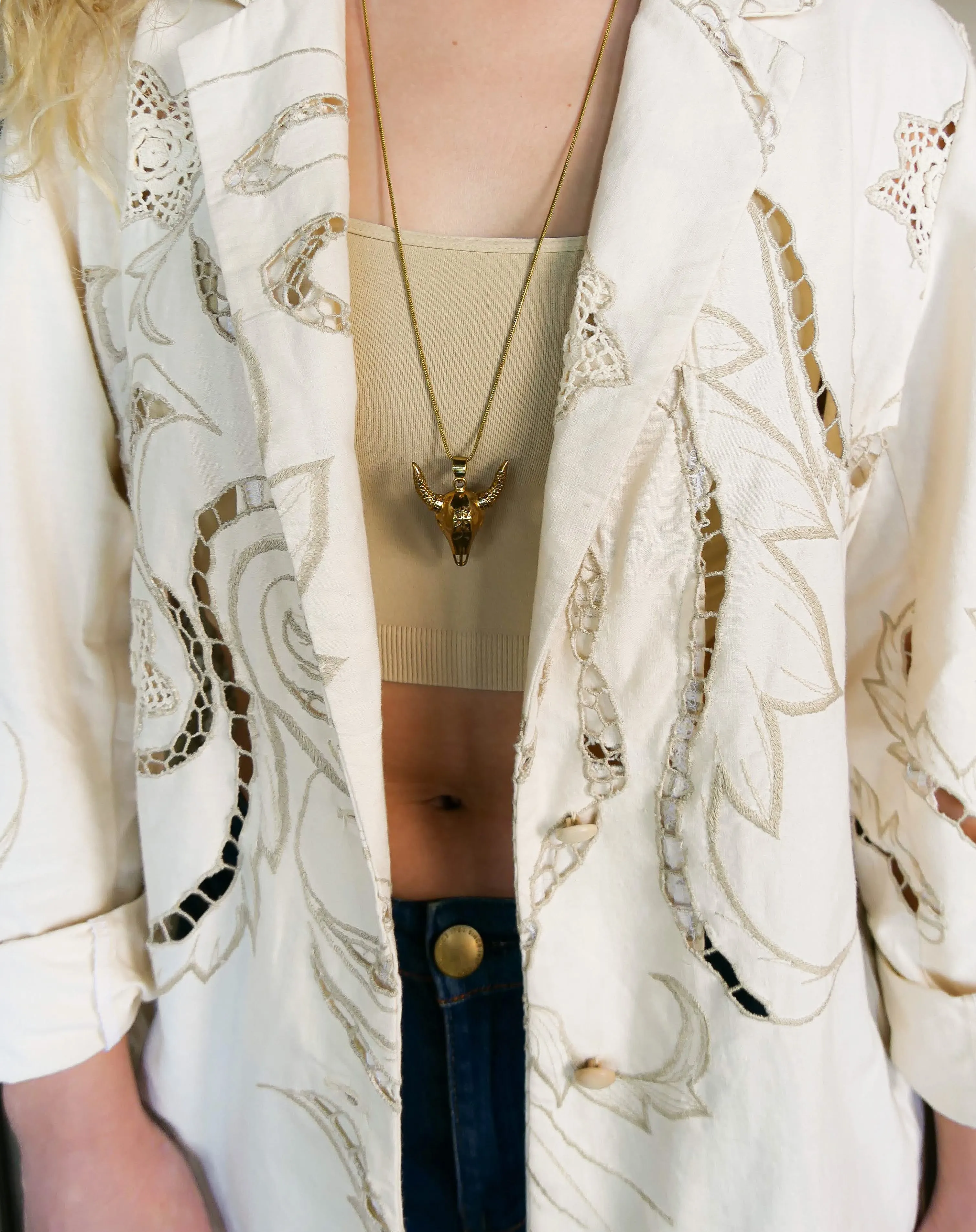 Oversized Cotton Blazer with Embroidered Floral and Leaf Motif
