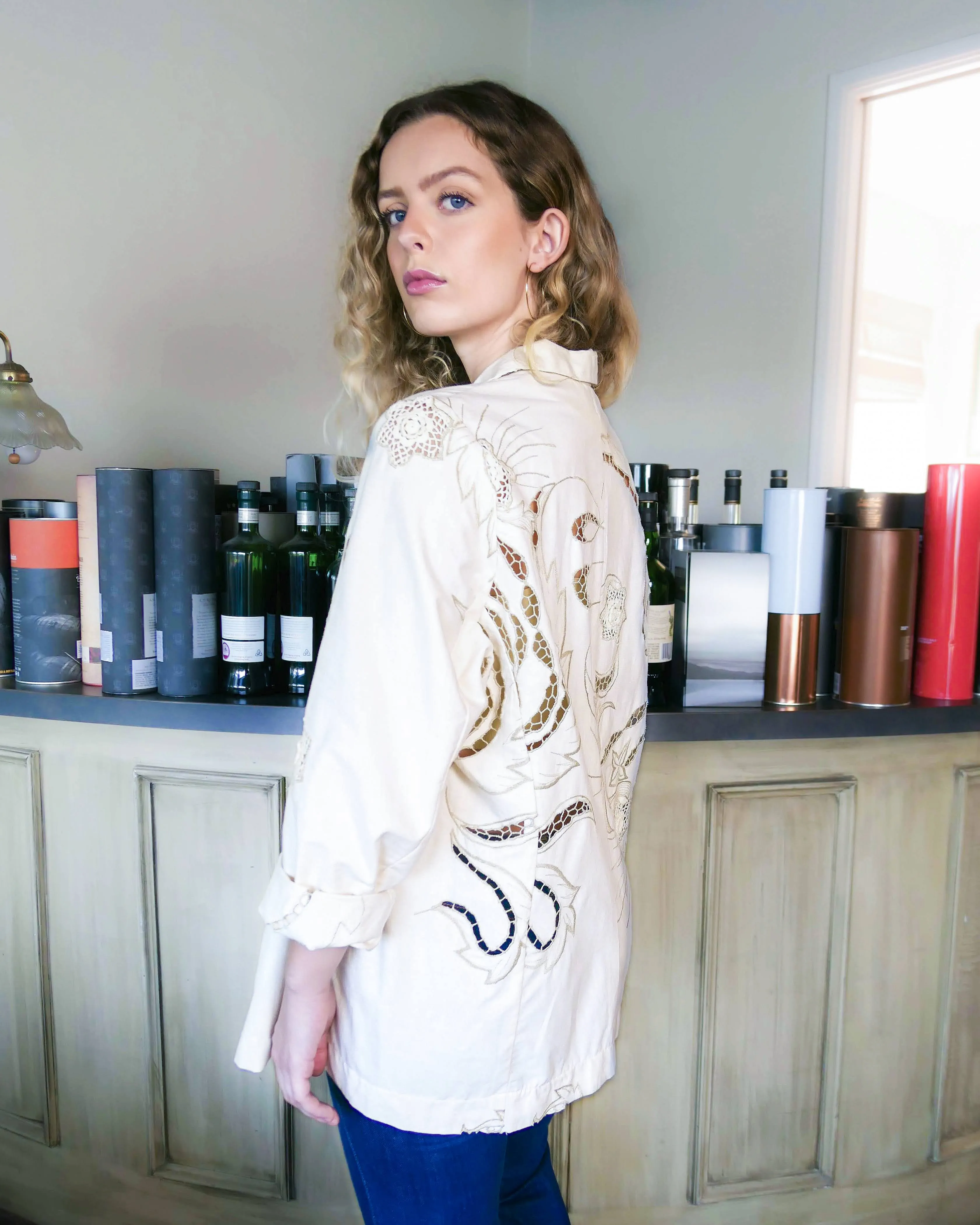 Oversized Cotton Blazer with Embroidered Floral and Leaf Motif