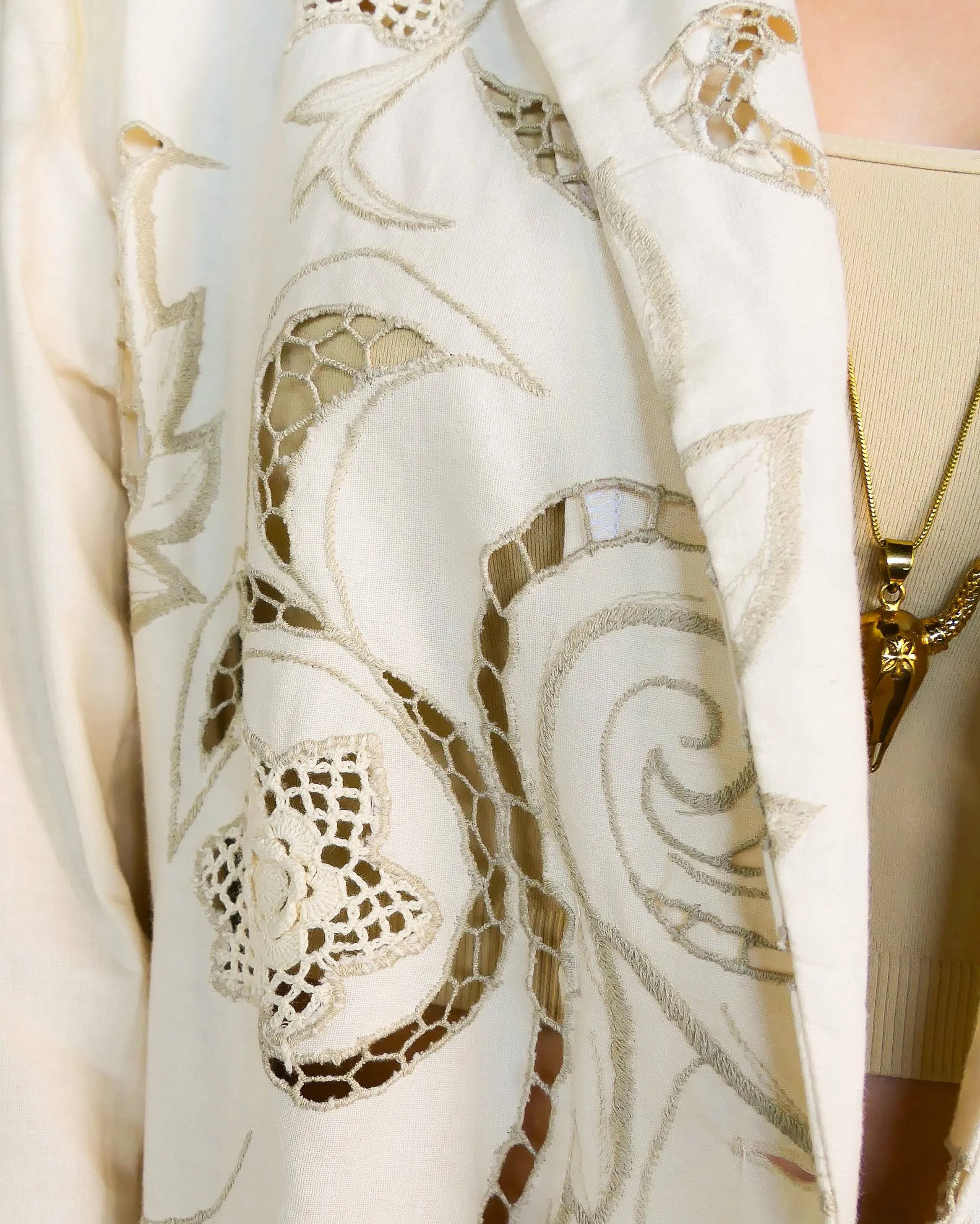 Oversized Cotton Blazer with Embroidered Floral and Leaf Motif